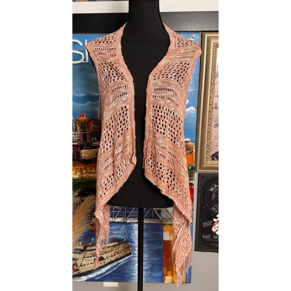 Boho Dusty Rose Open Knit Fringe Festival Handkerchief Hem Vest Small Peasant